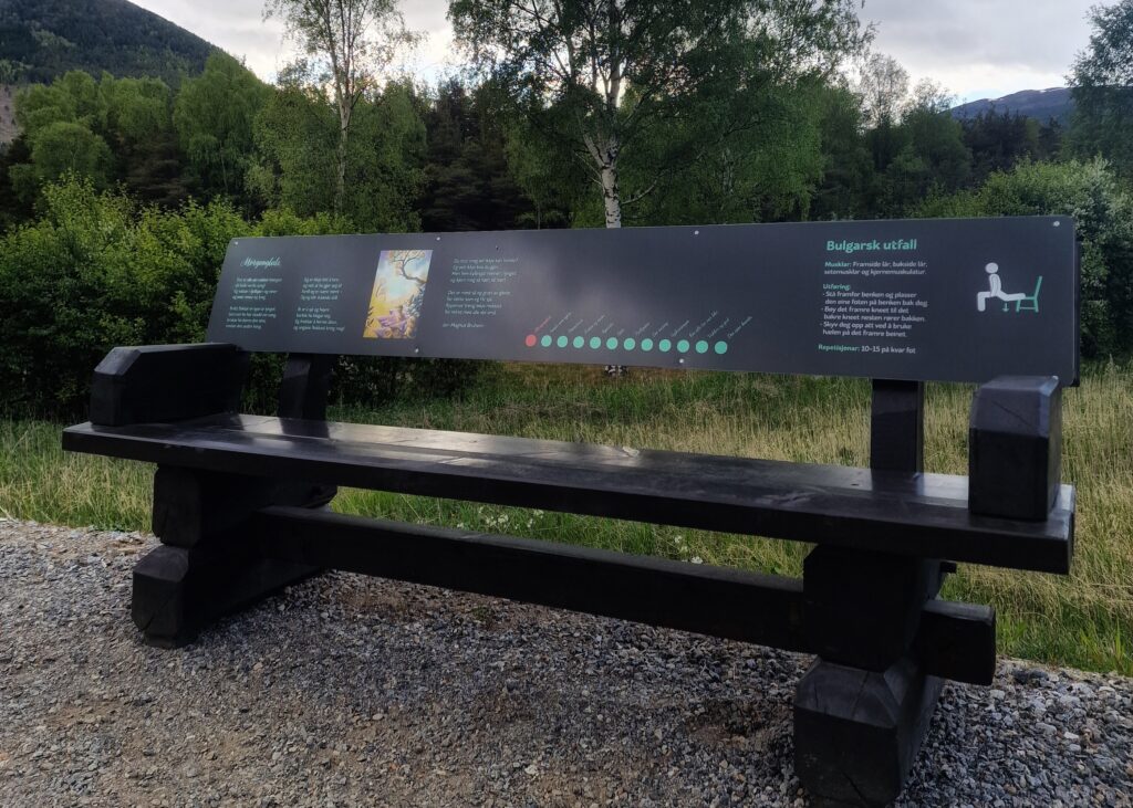 Ein av tolv benkar på Diktarstien til Jan-Magnus Bruheim i Bismo i Skjåk